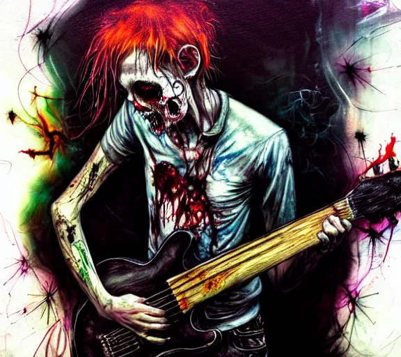 Image similar to zombie punk rocker playing guitar by agnes cecile, brian froud, intricated details, full body portrait, extremely luminous bright design, horror, pastel colours, toxic drips, autumn lights, rule of thirds by francis tneh