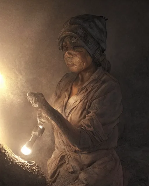 Image similar to a coalminer woman covered in coal dust in a mine lit by kerosene lamps, pioneer work, scary cave lighting, detailed face, by makoto shinkai, stanley artgerm lau, wlop, rossdraws