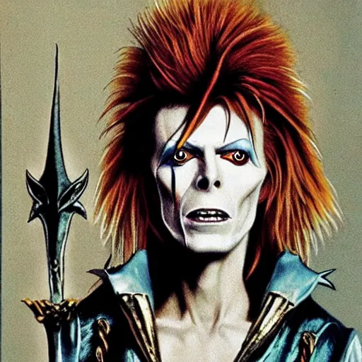 Image similar to david bowie as jareth the goblin king, character art