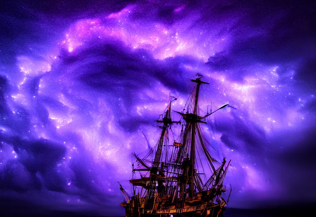 Prompt: purple color lighting storm with stormy sea close up of a pirate ship firing its cannons trippy nebula sky with dramatic clouds by banksy Photorealism