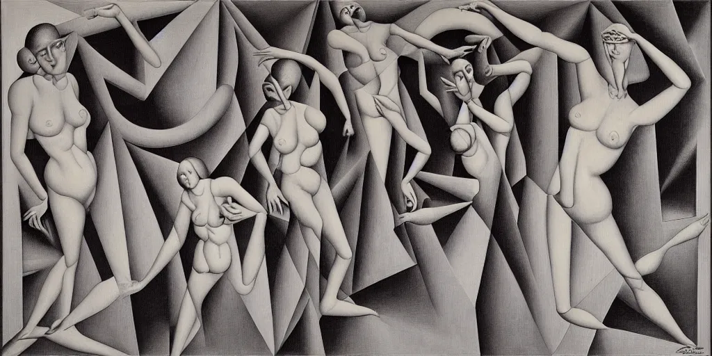 Prompt: the three fates, abstract oil painting by MC Escher