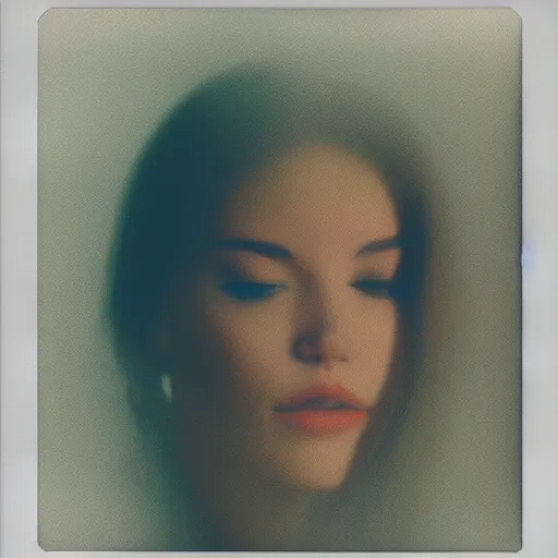 Image similar to polaroid of a beautiful woman in dream, collage, reflection, double exposure, gradient, chromatic aberration, fog, proportional