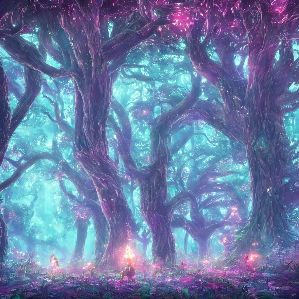 Image similar to huge trees, misty nighttime. radiating colorful energy. photorealistic, moody atmosphere, volumetric shading, holographic undertones, intricate and detailed, vivid dreamlike colors. ori and the blind forest, breath of the wild style, by miyazaki ghibli!!!. trending on artstation. award winning, daily deivation. pastel!! pink accents.