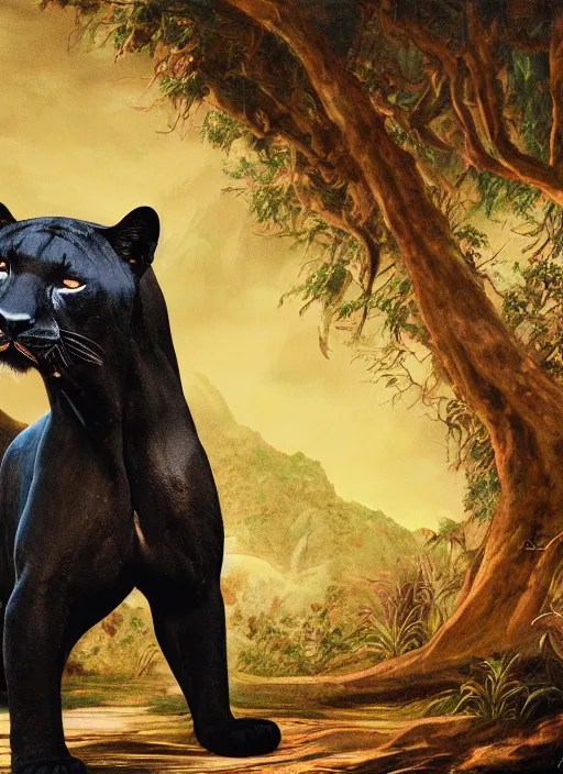 Image similar to a beautiful matte painting portrait of a black jaguar, close up, ayahuasca