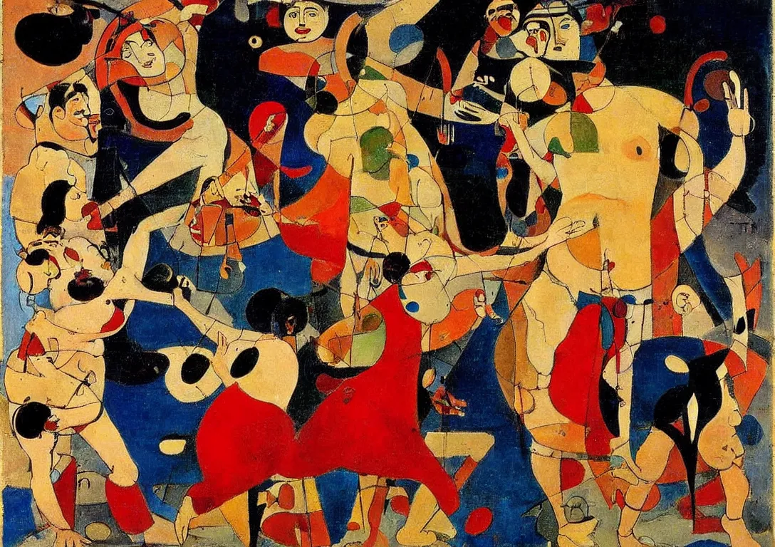 Image similar to a multiracial greek god dancing through the streets of a city, saturated color scheme, sparse detail, by george luks, joan miro and moebius