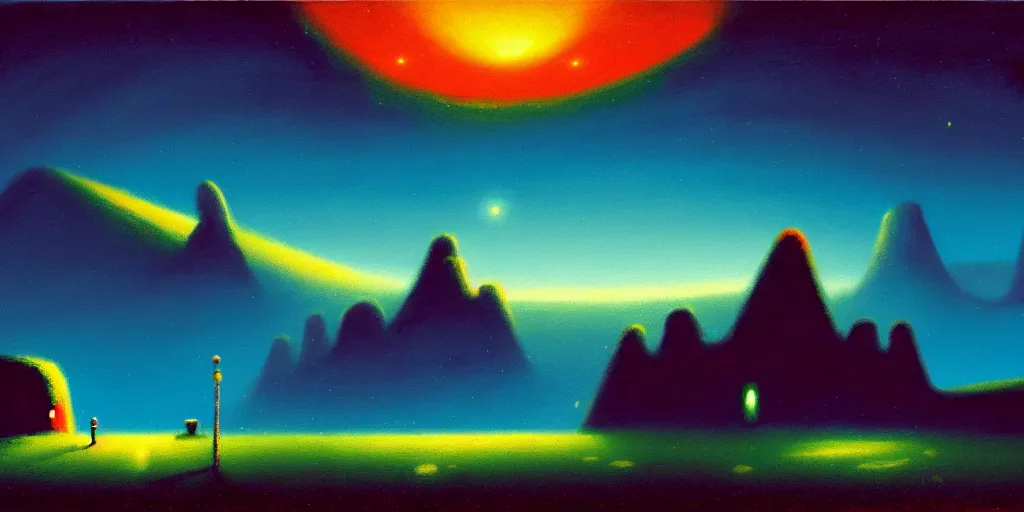 Image similar to cartoon paul lehr narrow night landscape with farawaymountains dark blue tones