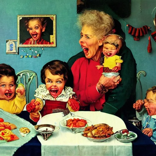 Prompt: hyper realistic hight detailed grandmother with a big mouth eating babies on the table in the russian kitchen, style by norman rockwell, bright colors, 4 k, 1 6 k, 3 2 k