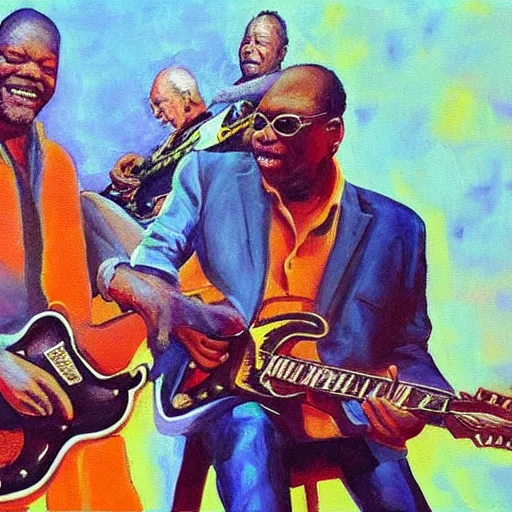 Image similar to “David Gilmour, Eric Clapton, Mark Knopfler and BB King playing guitar together, oil painting, 4k”