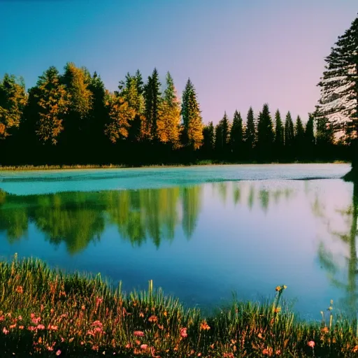 Prompt: Photo of a gorgeous meadow bathing in sunlight, magical lights floating around, trees and forest, a lake nearby, 4k, sharp, very detailed, cinestill 800t