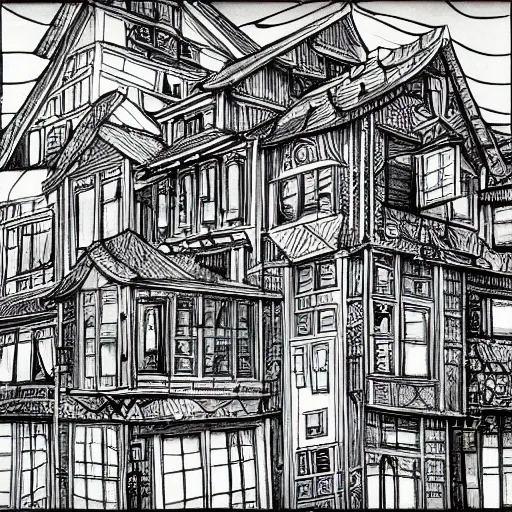 Image similar to a drawing of a house with a lot of windows, concept art by toriyama sekien, pixiv, maximalism, concept art, official art, maximalist