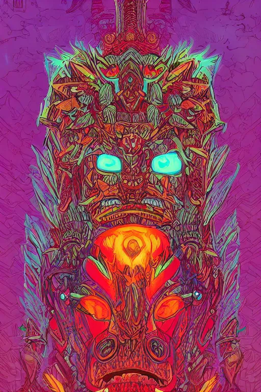 Image similar to totem animal tribal chaman vodoo mask feather gemstone plant video game illustration vivid color borderlands and by feng zhu and laurie greasley, victo ngai, andreas rocha, john harris radiating a glowing aura