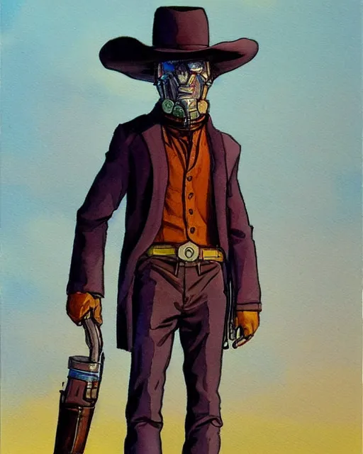 Image similar to a oil / watercolor painting full body character portrait of a high noon android in the style of moebius in the style of leonard boyarsky trending on artstation deviantart pinterest detailed realistic hd 8 k high resolution