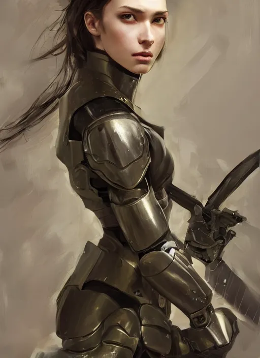 Image similar to a professional painting of a beautiful young female, clothed in military armor, olive skin, long dark hair, beautiful bone structure, symmetrical facial features, intricate, elegant, digital painting, concept art, smooth, sharp focus, illustration, from Metal Gear, by Ruan Jia and Mandy Jurgens and Artgerm and William-Adolphe Bouguerea