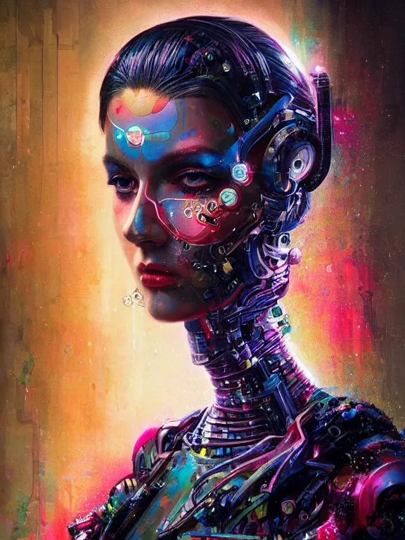 Prompt: art portrait cybernetic woman,8k,by tristan eaton,Stanley Artgermm,Tom Bagshaw,Greg Rutkowski,Carne Griffiths,trending on DeviantArt,face enhance,hyper detailed,minimalist,cybernetic, android, blade runner,full of colour,