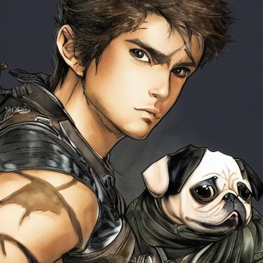 Prompt: young white hispanic handsome man with short light brown hair and light skin and a 5 o clock shadow and holding a pug while fighting against two swordsmen pencil art, added detail, high definiton, colored, backfacing, illustrated by yoji shinkawa