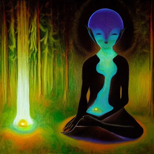 Prompt: painting of a tranquil alien made of light and glows meditating in dense forest by Lobsang Melendez Ahuanari, acrylic art, ethereal, soothing, somber, elegant, warm light, cozy, breathtaking,