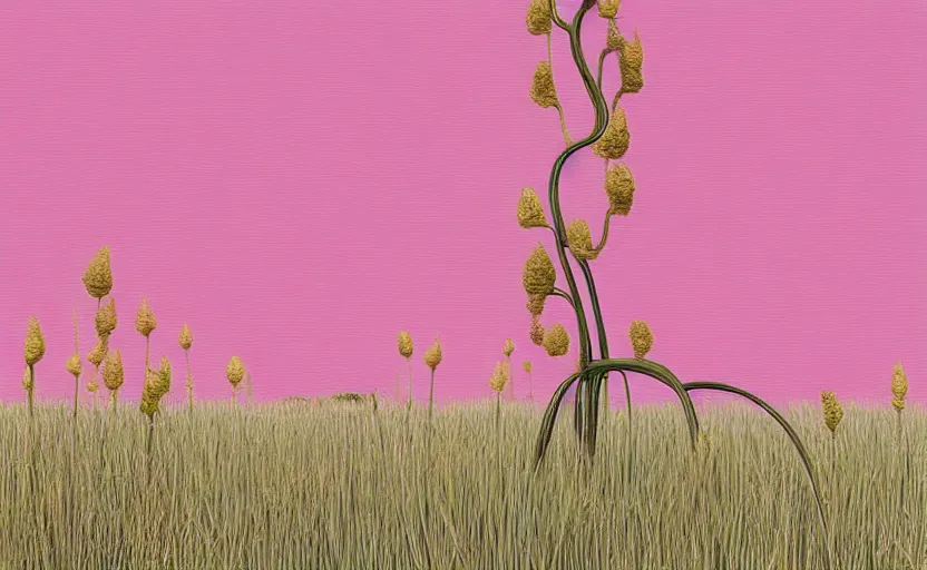 Prompt: one single stand alone huge hyperdetailed minimalist elaborate blooming plant, seen from the long distance. by the sea. maximalist unexpected elements. free sky in plain natural warm tones. 8 x 1 6 k hd mixed media 3 d collage in the style of a childrenbook illustration in pastel tones. matte matte background. no frame hd