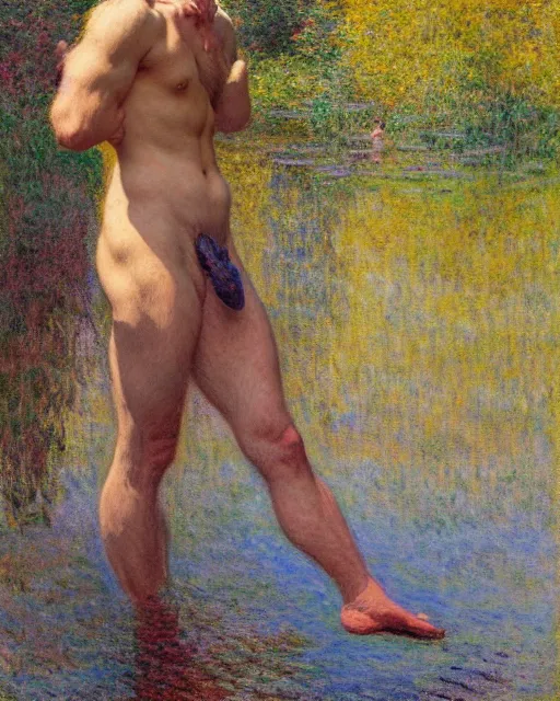 Image similar to attractive fisherman wading through a river, reflective water, painting by tom of finland, gaston bussiere, craig mullins, j. c. leyendecker, claude monet