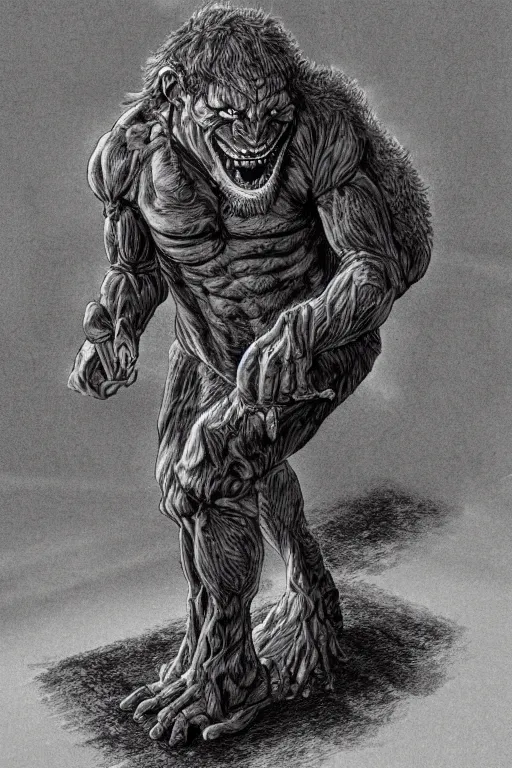 Prompt: humanoid hunched figure troll with 1 horn, ogre, fantasy, highly detailed, digital art, sharp focus, trending on art station, kentaro miura manga art style