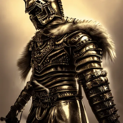 Image similar to warrior with metal tiger armour , highly detailed, dramatic lighting, cinematic, 4k