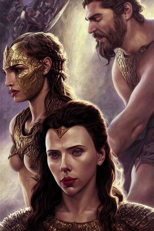 Image similar to A fantasy comic book style Oil Painting portrait of Scarlett Johansson and Gal Gadot, as Atlantean Reptilian Warriors, Mystical Valkyrie, unreal 5, DAZ, hyperrealistic, octane render, Regal, Refined, Detailed Digital Art, RPG portrait, William-Adolphe Bouguereau, Michael Cheval, Walt Disney (1937), François Boucher, Steampunk, dynamic lighting, Highly Detailed, Cinematic Lighting, Unreal Engine, 8k, HD