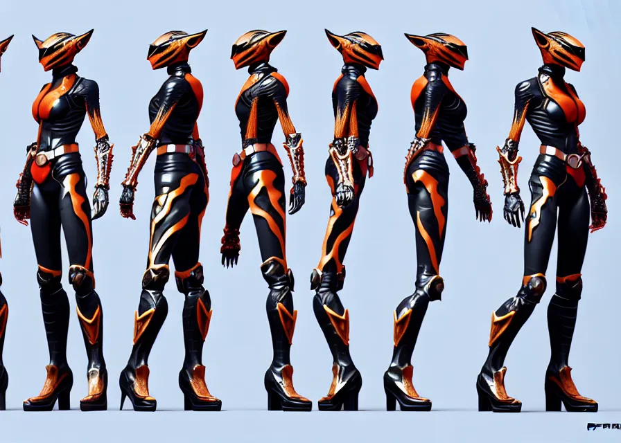 Prompt: female kamen rider character concept art sprite sheet of abstract tiger concept, big belt, fangs, human structure, concept art, hero action pose, human anatomy, intricate detail, hyperrealistic art and illustration by irakli nadar and alexandre ferra, unreal 5 engine highlly render, global illumination