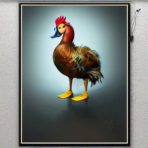 Image similar to epic cinematic hyperrealism masterpiece where a duck with a rapper rooster crest appears with headphones. realistic poster with shaded lighting by craig mallismo, artgerm, jeremy lipkin and michael garmash, unreal engine, radiant light, detailed and complex environment, digital art, art station trends