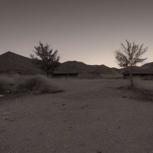 Prompt: a still of a deserted ghost town. Magic hour.