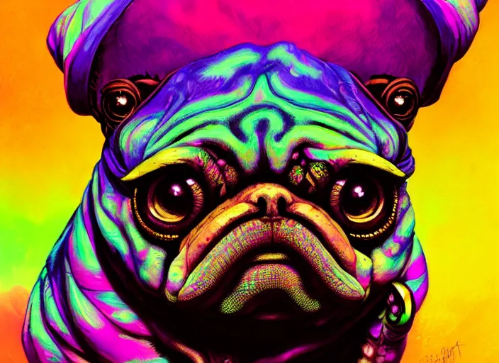 Prompt: A psychedelic portrait of wyrm pug , vibrant color scheme, highly detailed, in the style of romanticism, cinematic, artstation, Moebius, Greg rutkowski