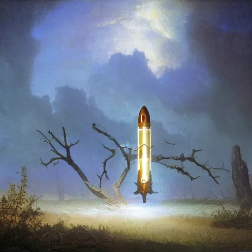 Prompt: abandoned rocketship, many thick dark knotted branches, detailed, ethereal, round clouds, dramatic lighting, artwork by albert bierstadt