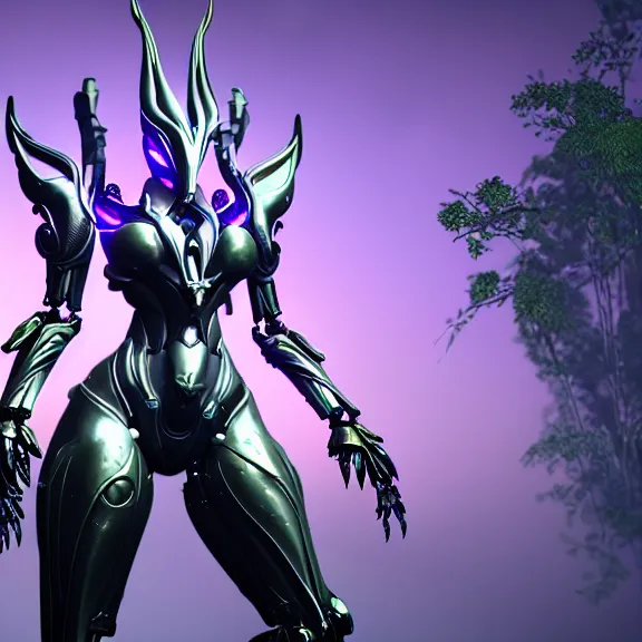 Image similar to extremely detailed front shot of a giant 1000 meter tall beautiful stunning saryn prime female warframe goddess, that's an anthropomorphic hot robot mecha female dragon, silver sharp streamlined armor, detailed head, sharp claws, glowing Purple LED eyes, sitting cutely in the background, rump on top of a mountain below her, a tiny forest with a village in the foreground, in front of her, fog rolling in, dragon art, warframe fanart, Destiny fanart, micro art, macro art, giantess art, fantasy, goddess art, furry art, furaffinity, high quality 3D realistic, DeviantArt, artstation, Eka's Portal, HD, depth of field