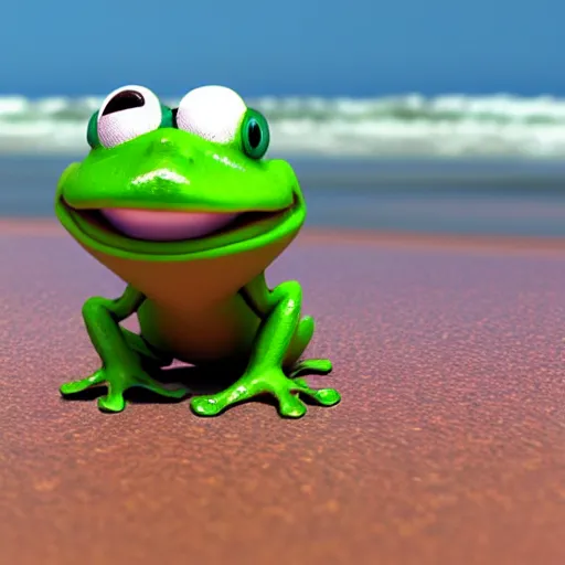 Image similar to 3 d octane chibi frog character surfing at the beach, pixar style