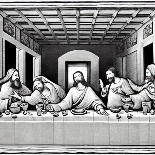 Prompt: single line drawing of The Last Supper, intricate, detailed, monochrome