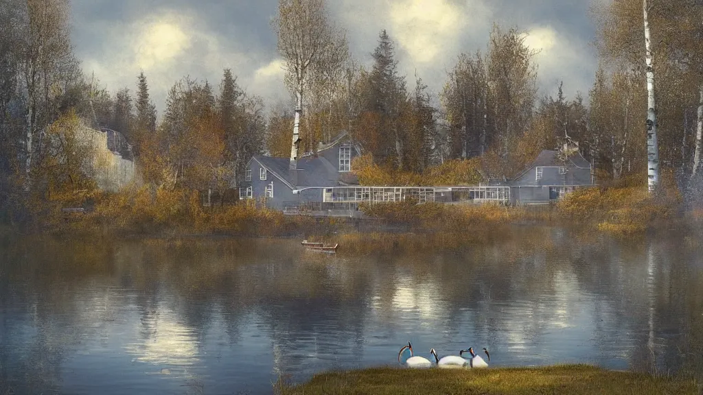 Prompt: big blue wooden cottage by the lake, lanterns on the porch, smoke coming out of the chimney, dusk, birch trees, tranquility, two swans swimming on the lake, a wooden rowing boat, cumulus clouds, by charlie bowater, by greg rutkowski