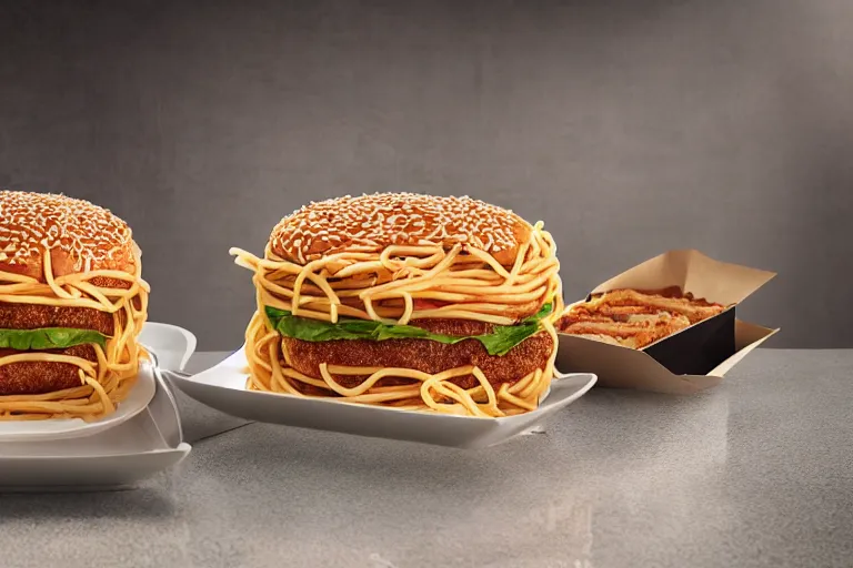 Image similar to mcdonalds spaghetti burger, commercial photography