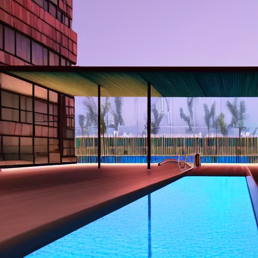 Prompt: a bar made with translucid fabric, swimming pool in front, parametric, blue hour, hyperrealistic, elevation, vray, unreal engine, architecture, luxigon