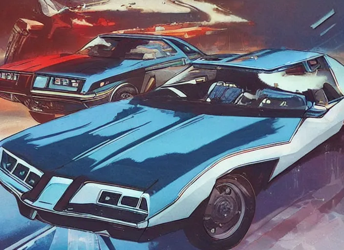 Image similar to ( ( ( ( ( knight rider kitt, car concept art, sci - fi illustration, painting, in the style of speed racer ) ) ) ) ) by vincent di fate and john berkey and 1 9 8 2 pontiac trans am!!!!!!!