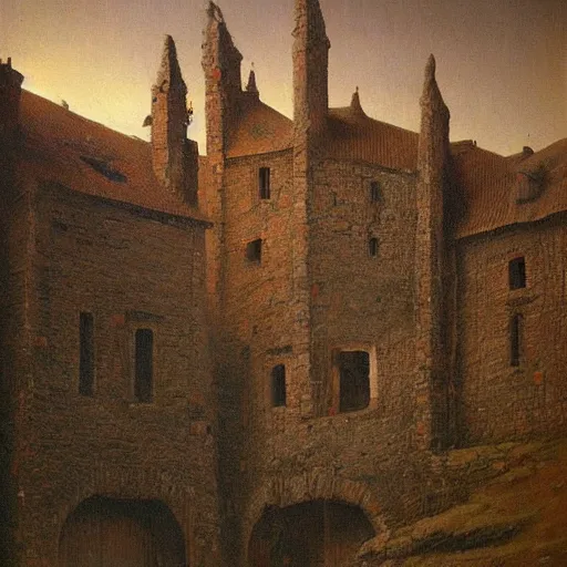 Image similar to an very high detaild oil painting of an old european medieval village painted by beksinski, eerie, midnight