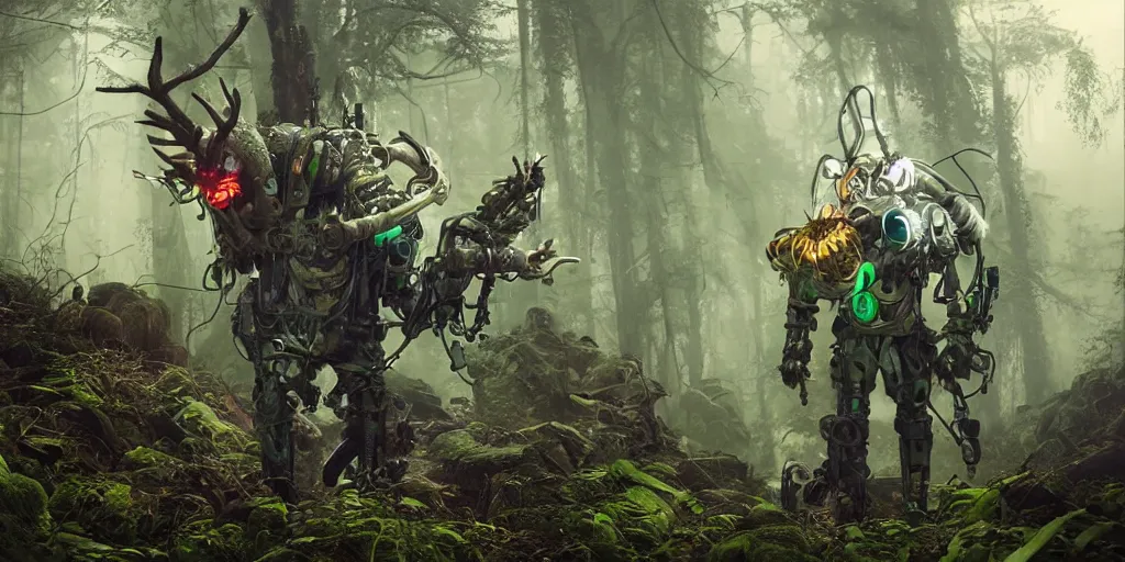 Image similar to 3 d scene of forest hunting for monster. gamekeeper wearing a steampunk and neonpunk mechanical fluorescent mystical animal mask and exoskeleton. bio luminescent, plasma, ice, water, wind, creature, artwork by tooth wu and wlop and beeple and greg rutkowski, ambient occlusion, award winning photograph, epic cinematic shot