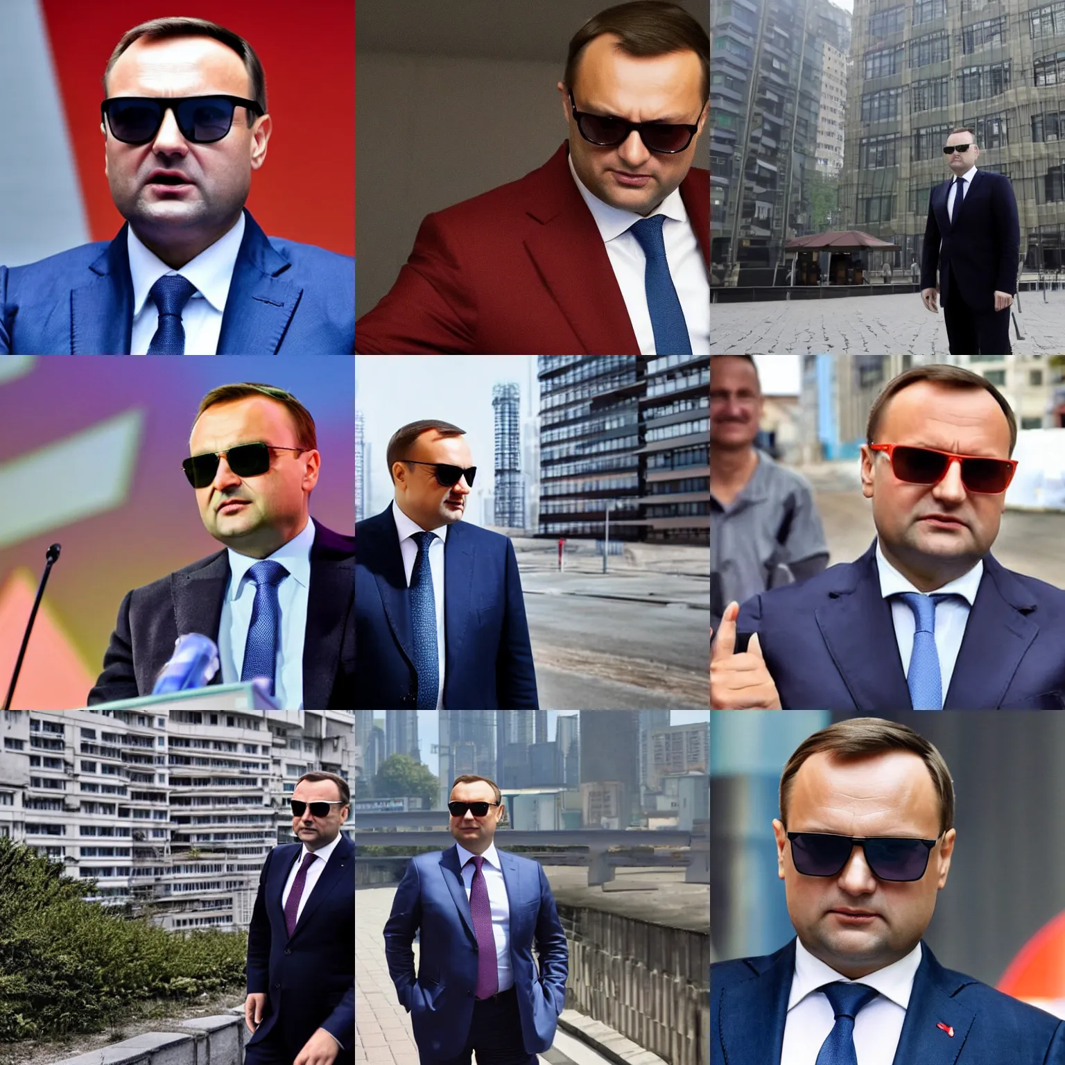 Prompt: Andrzej Duda with Ray Ban sunglasses in cyberpunk utopia city