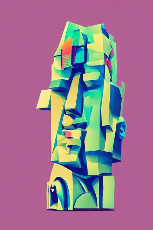 Image similar to cubist moai statue cutout digital illustration cartoon colorful beeple