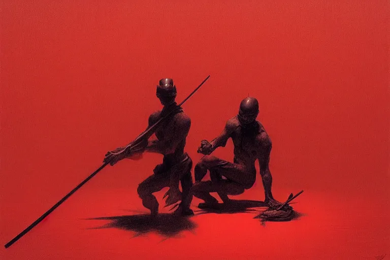 Image similar to only with red, a red samurai do seppuku, tokio, a lot of frogs watch, in the style of beksinski, parts by edward hopper, parts by rodcenko, parts by yue minjun, intricate and epic composition, red by caravaggio, insanely quality, highly detailed, masterpiece, red light, artstation, 4 k