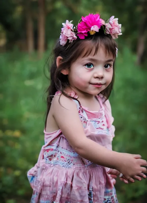 Prompt: portrait of a 3 year old girl, symmetrical face, flowers in her hair, she has the beautiful calm face of her mother, slightly smiling, ambient light