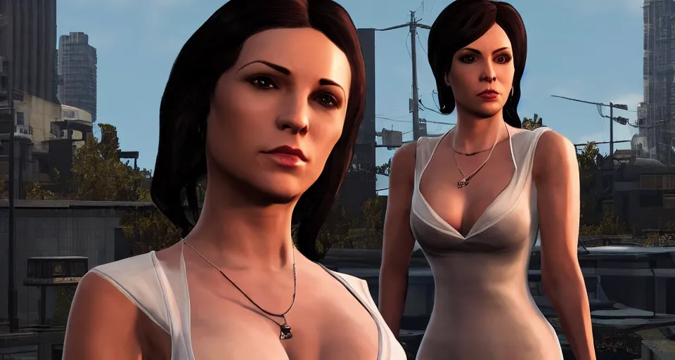 Image similar to Screenshot of Lana Kane from the show Archer as a 3d NPC in the videogame 'Hitman 3' (2021). Beautiful high-rise environment. Gorgeous level. Fancy dress. Sharpened. 4k. High-res. Ultra graphics settings.