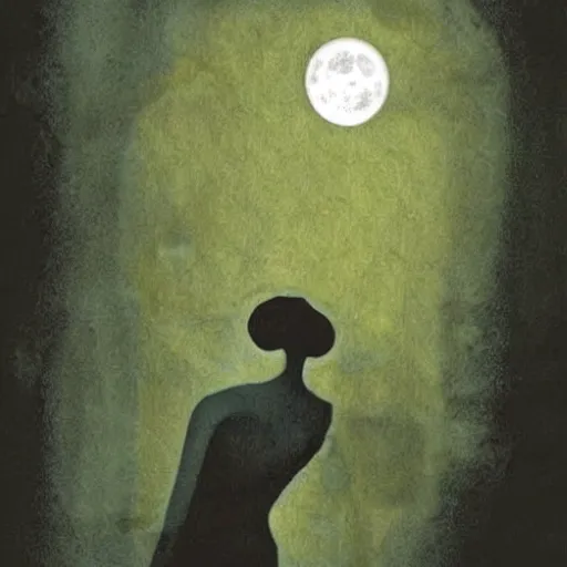 Image similar to looking at the full moon, transparent soul leaving the body, dave mckean
