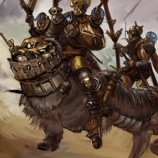 Prompt: Warrior cats riding large wardogs into battle, steampunk weapons and armour