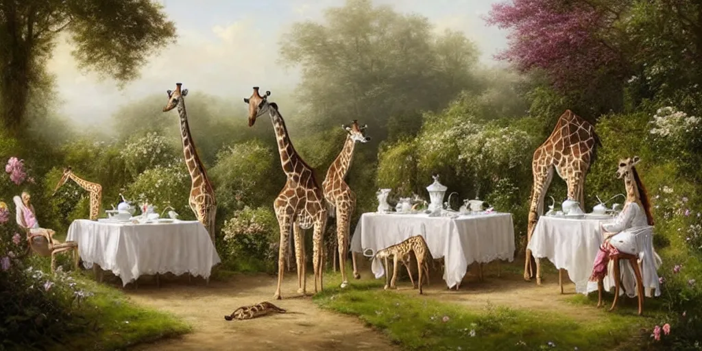 Image similar to elegant victorian tea party with giraffes in an english summer garden patio, hyper realistic greg rutkowski - h 7 6 8