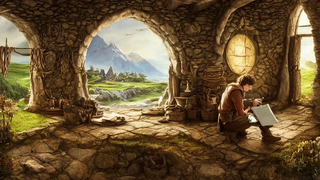 Prompt: frodo writing in his journal in bag end at the end of his journey, hobbiton visible through a window, by alan lee, michal karcz, smooth details, lord of the rings, game of thrones, smooth, detailed terrain, oil painting, trending artstation, concept art, fantasy matte painting