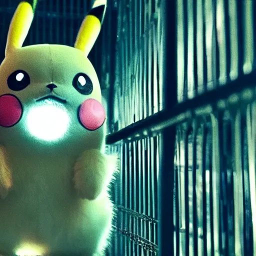 Image similar to stunning awe inspiring pikachu inside a cage with a sad look on its face, movie still 8 k hdr atmospheric lighting