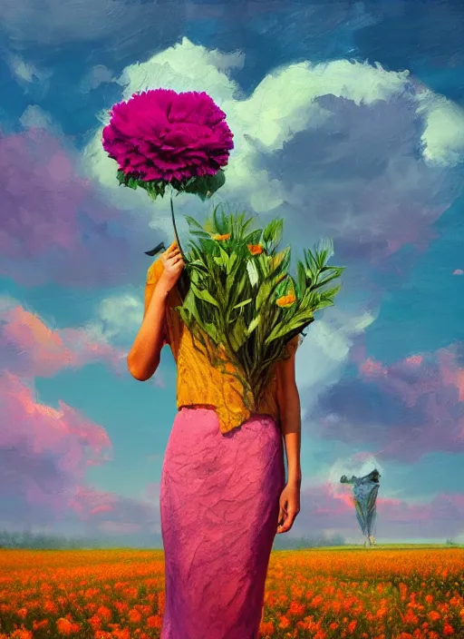 Image similar to portrait of a woman with a giant carnation as a face, flower field, surreal photography, sunset dramatic light, impressionist painting, colorful clouds, blue sky, digital painting, artstation, simon stalenhag